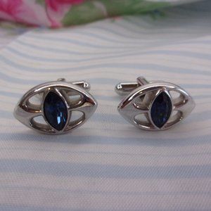 Hickok Blue Marquise Silver Tone Cuff Links